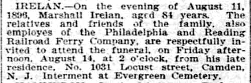 Death notice for Marshall Irelan, Philadelphia Inquirer, August 13, 1896