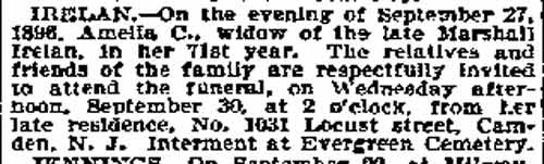 Death notice for Amelia C. Irelan, Philadelphia Inquirer, September 29, 1896