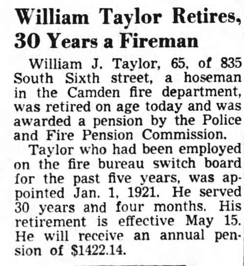 William Taylor Retires, 30 Years a Fireman, Camden Courier-Post, May 5, 1951