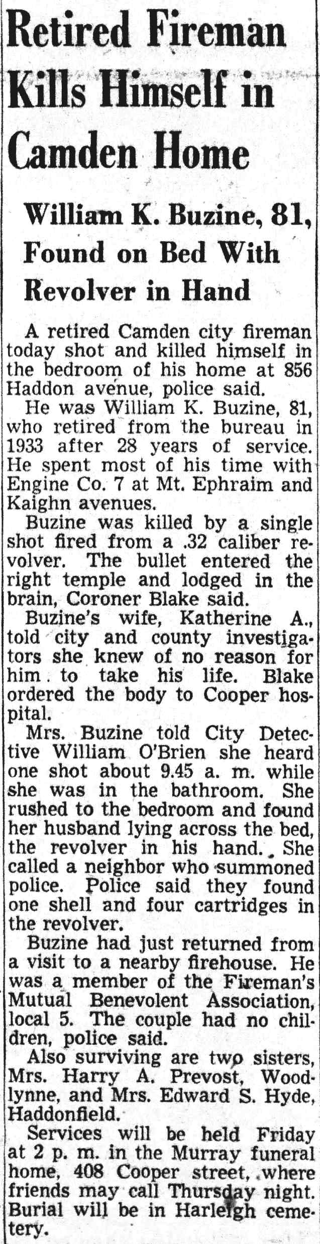 Camden Courier-Post, May 16, 1950 — Retired Fireman Kills Himself in Camden Home