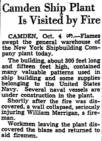 Trenton Times October 4, 1935 — Camden Ship Plant Is Visited by Fire