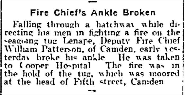 Philadelphia Inquirer clipping, October 10, 1916 — Fire Chief's Ankle Broken