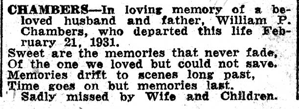 Camden Courier-Post, February 23, 1938 — In memoriam for William P. Chambers