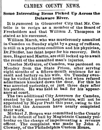 Philadelphia Inquirer, April 19, 1889 — Camden County News: Some Interesting Items Picked Up Across the Delaware River