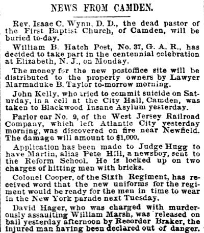 Philadelphia Inquirer, April 24, 1889 — News From Camden: David Hager released on bail, William Marsh declared out of danger