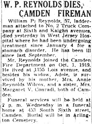 Camden Courier-Post, March 24, 1941 — W.P. Reynolds Dies, Camden Fireman