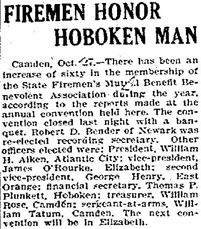 Jersey Journal, October 27, 1909 — Firemen Honor Hoboken Man