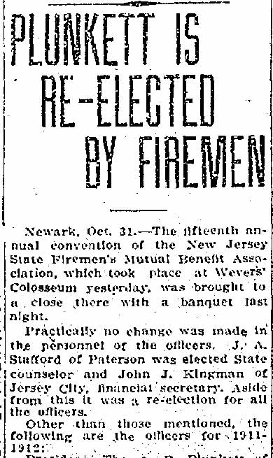 Jersey Journal, October 31, 1911 — Plunkett Is Re-Elected by Firemen