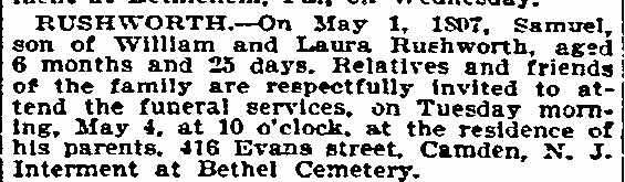Samuel Rushworth death notice — 416 Evans Street — Philadelphia Inquirer, May 4, 1897