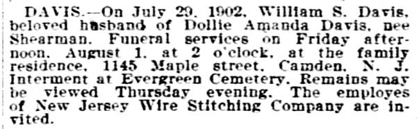 Philadelphia Inquirer, July 31, 1902 — Davis obituary notice