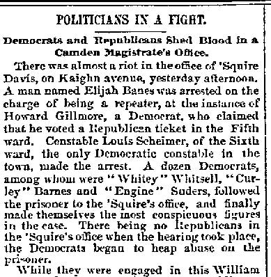 Philadelphia Inquirer article: Politicians in a Fight, March 13, 1889 (page 1)