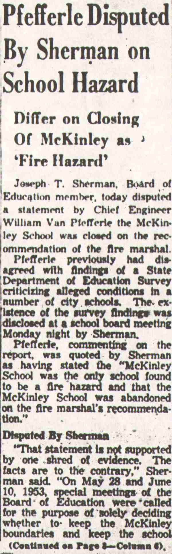 Pfefferle Disputed By Sherman on School Hazard, Camden Courier-Post, December 31, 1953