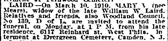 Mary V. Laird Death Notice — Philadelphia Inquirer, March 11, 1910