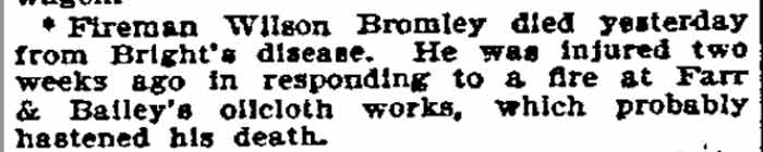 Fireman Wilson Bromley dies, Philadelphia Inquirer, February 29, 1896