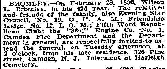 Wilson Bromley obituary notice, Philadelphia Inquirer, March 1, 1896