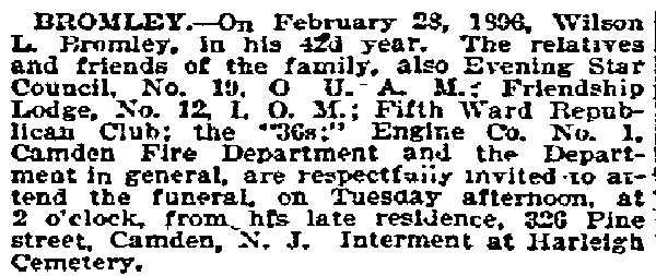 Wilson Bromley obituary notice, Philadelphia Inquirer, March 3, 1896