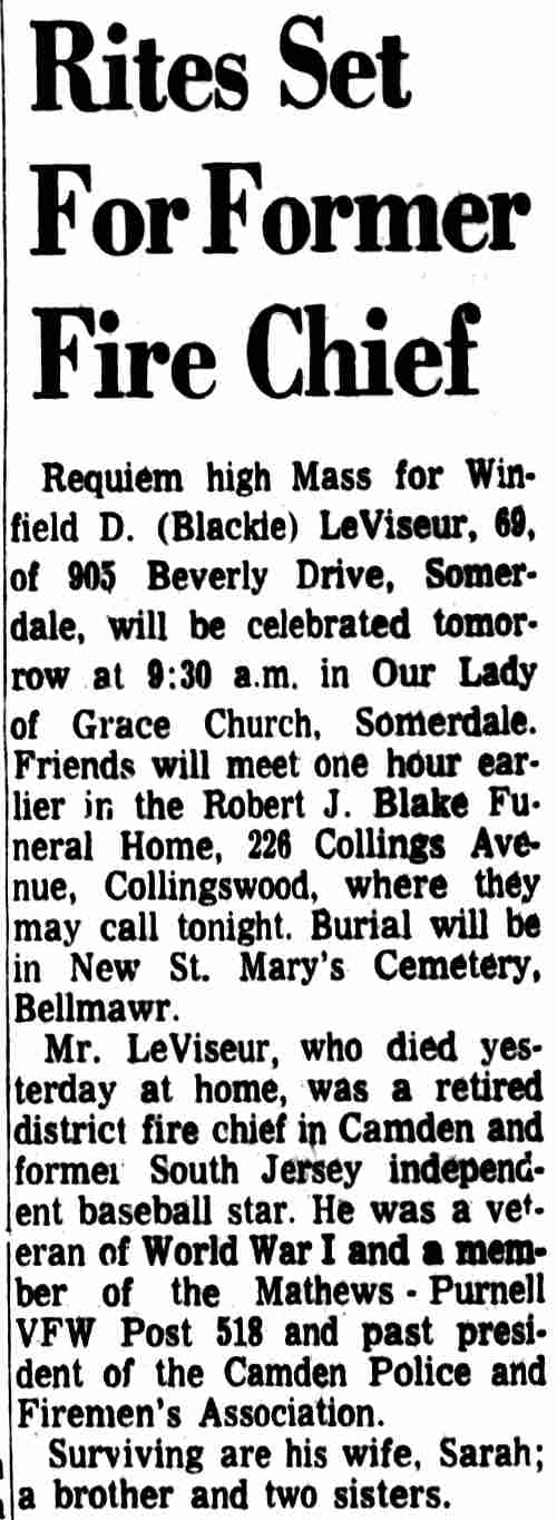 Obituary notice for Winfield D. LeViseur