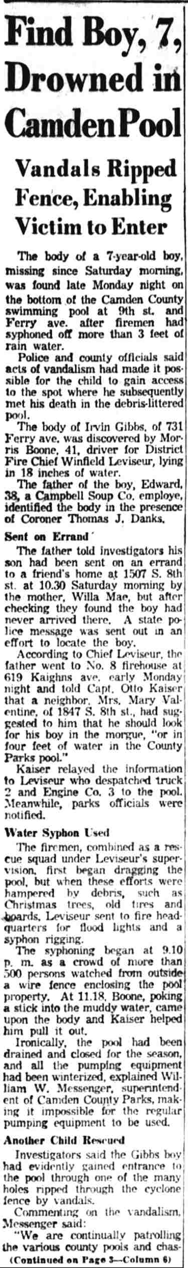 Camden County swimming pool drowning investigation, January 1955