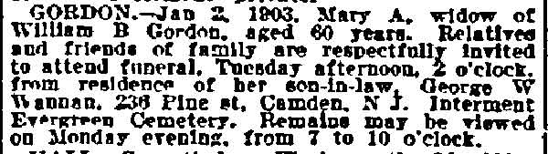 Obituary notice for Mary A. Gordon, widow of William B. Gordon
