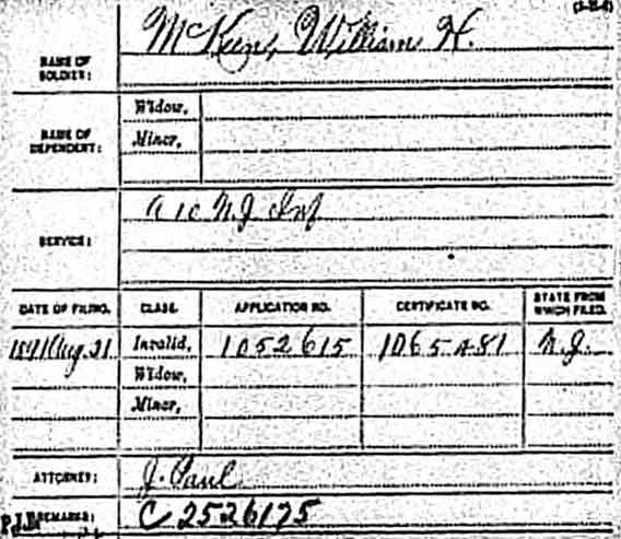 Civil War Pension Record for William H. McKeen, Company A, 10th New Jersey Infantry