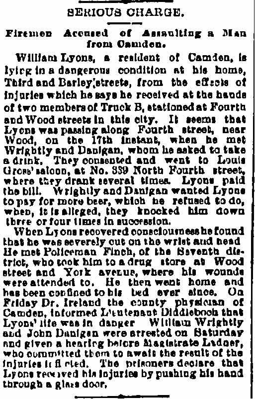 Serious Charge. Firemen Accused of Assaulting a Man from Camden