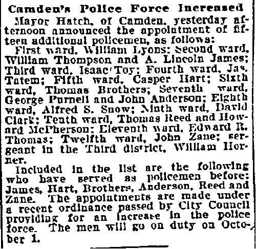 Philadelphia Inquirer, September 26, 1899 — Camden's Police Force Increased
