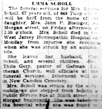 Emma Scholl funeral notice — January 5, 1928