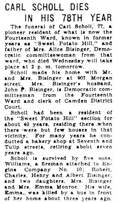 Carl Scholl Dies in His 78th Year — Camden Morning Post, September 4, 1931
