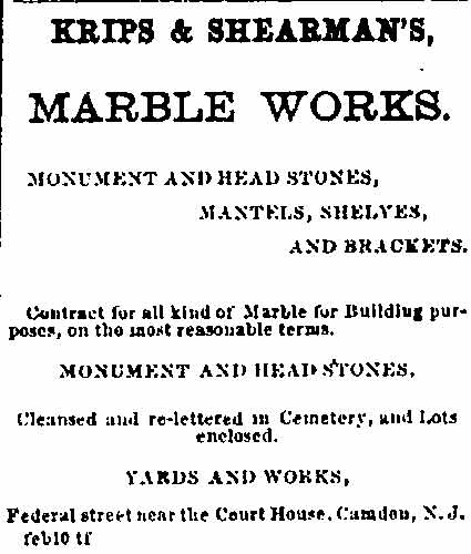 Advertisement for Krips & Shearman's Marble Works, Camden Democrat, May 25, 1872