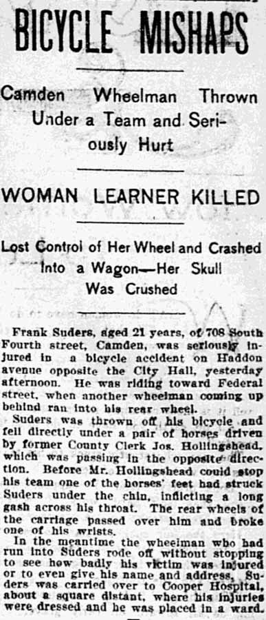 Philadelphia Inquirer, September 25, 1899 — Frank Suders bicycle accident on Haddon Avenue
