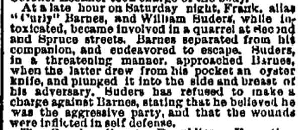 Philadelphia Inquirer, October 6, 1884 — William Suders and Frank 'Curly' Barnes quarrel