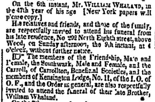 Death notice for William Whaland, Philadelphia Public Ledger, May 6, 1847