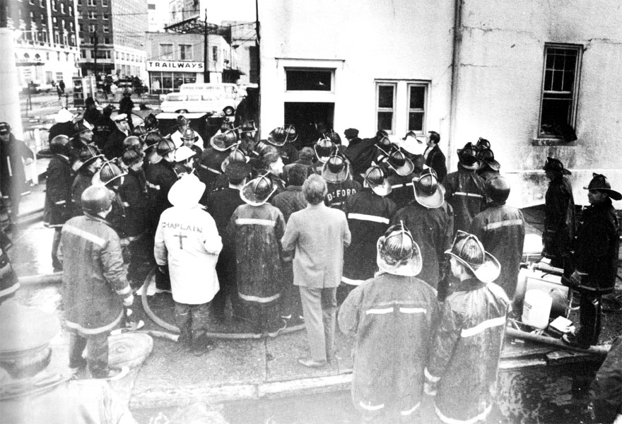 All hands await their turn during rescue operations following collapse, March 1970