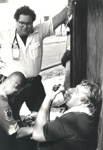 Paul Matyjasik at fire at 501 Jackson Street, June 30, 1975