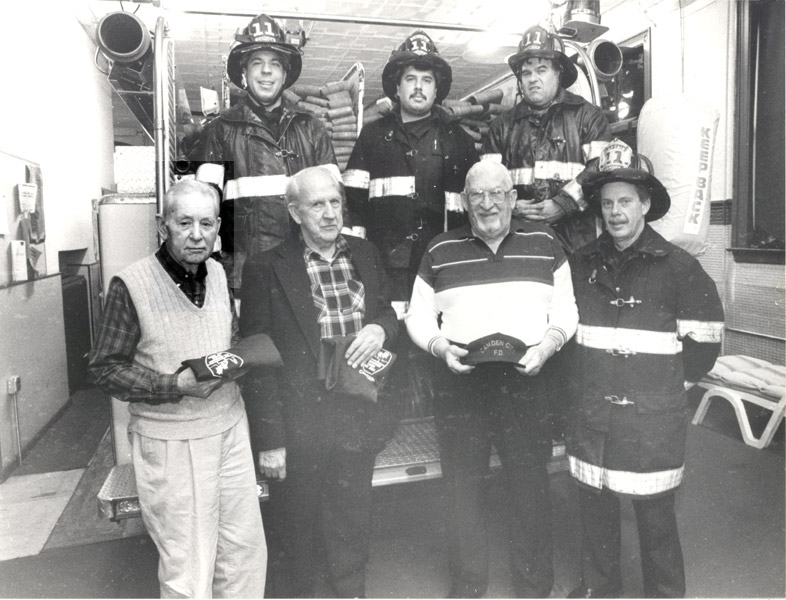 Retired firefighters visit Engine Company 11, 1994 — Edwin Robbins, Leonard Garbrecht, Theodore Orbaczewski, Anthony Winters, Greg DePetris, Frank Saia, Glenn Moore