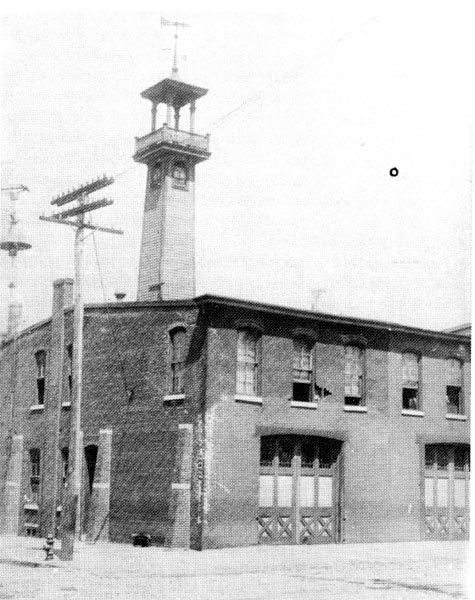 Earliest known photo of fire headquarters at 5th and Arch Streets, circa 1890