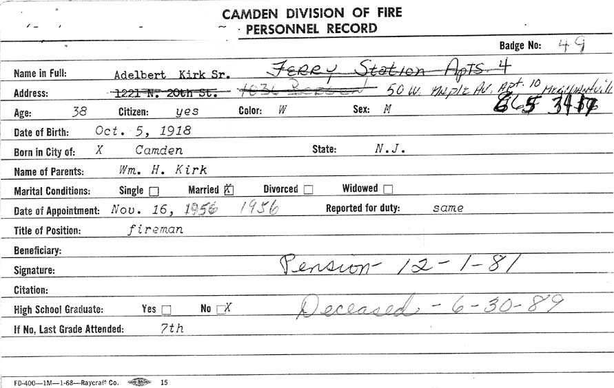 Adelbert Kirk Sr. fire department personnel card