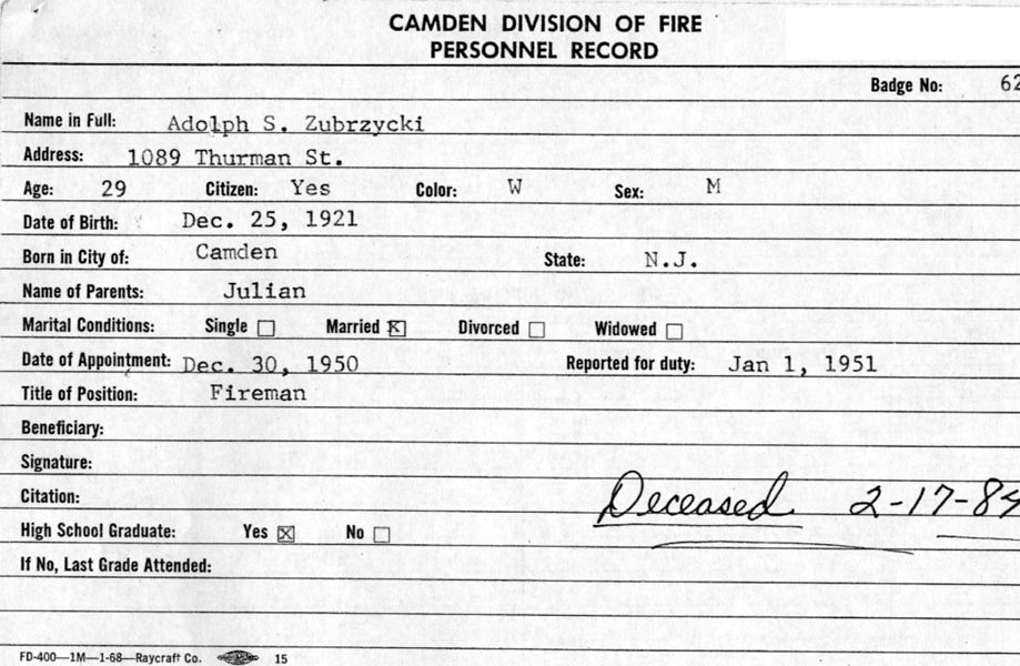 Adolph S. Zubrzycki personnel card, front