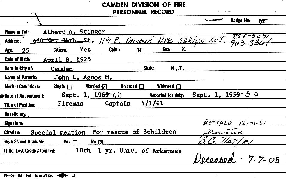 Albert Atger Stinger personnel card