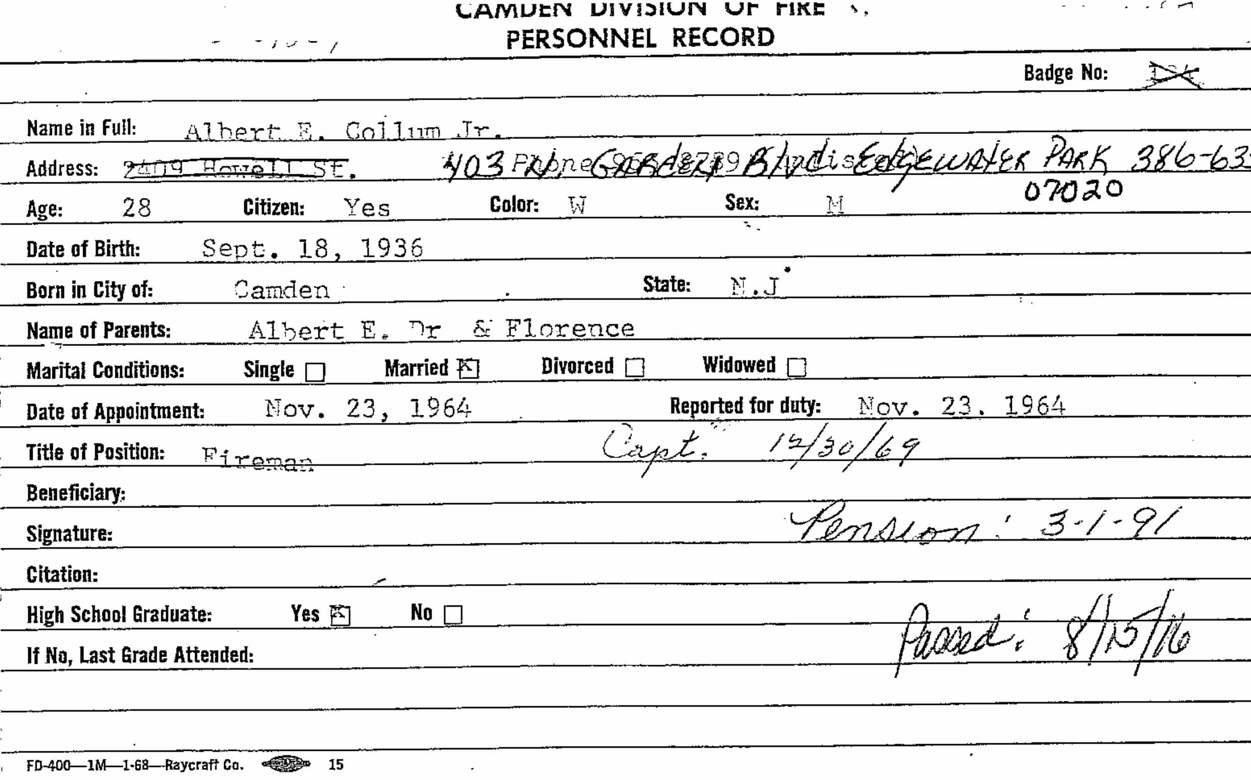 Albert E. Collum Jr. fire department personnel card, front