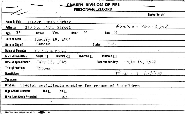 Albert Edwin Barker fire department personnel record