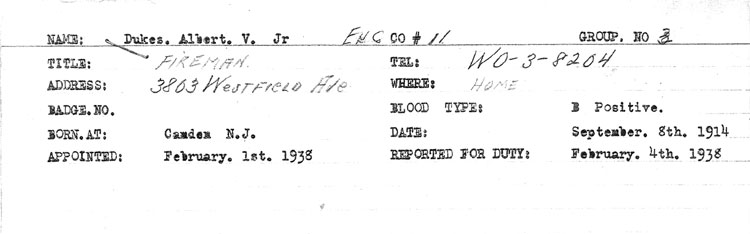 Albert V. Dukes Jr. fire department personnel card