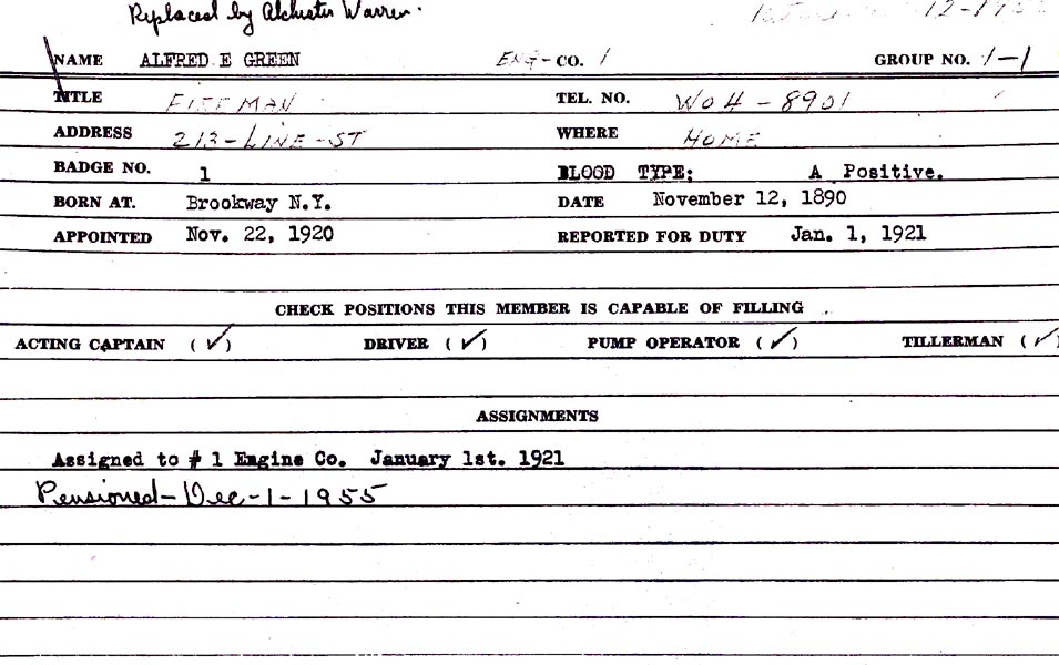 Alfred E. Green fire service card