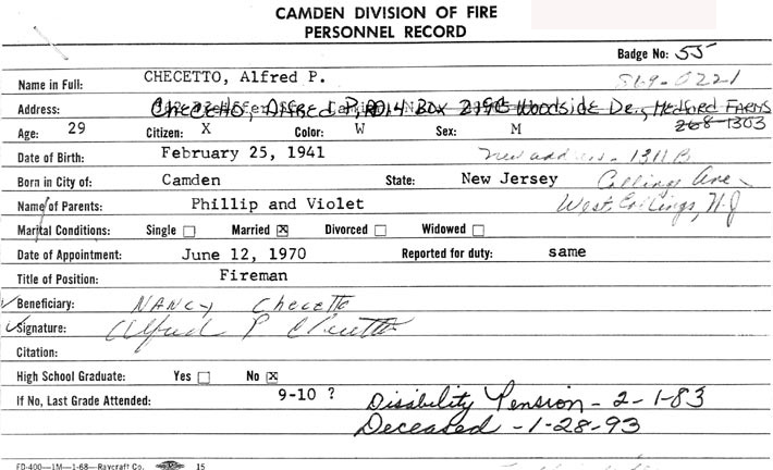 Alfred P. Checetto fire personnel card
