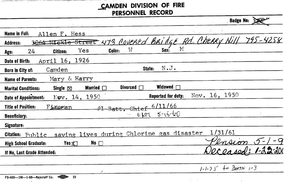 Allen F. Hess Sr. personnel card