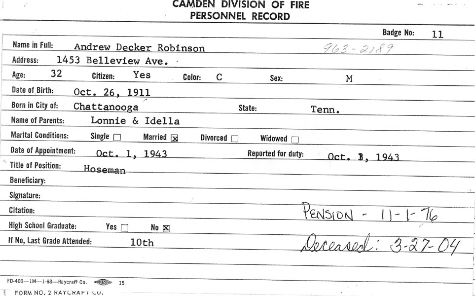 Andrew D. Robinson fire department service card