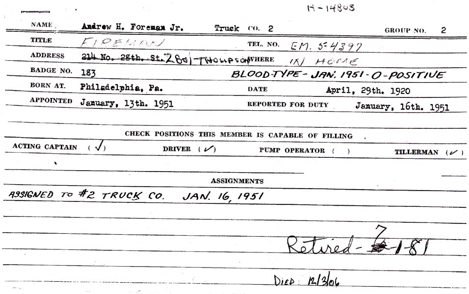 Andrew H. Foreman Jr. fire department service card