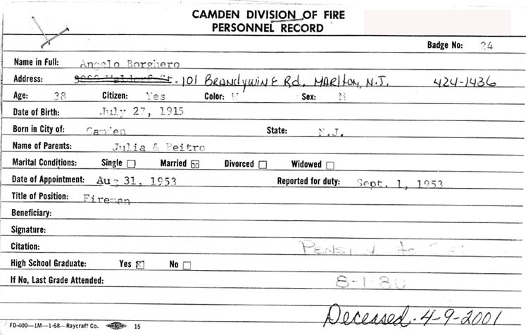 Angelo Borghero Fire Department personnel card