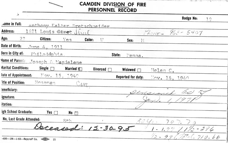 Anthony W. Bretschneider personnel card