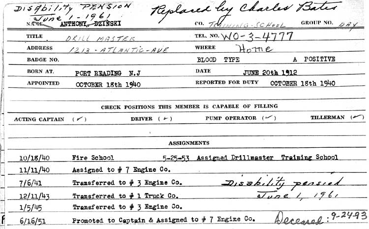 Anthony Dzinski Fire Department personnel card